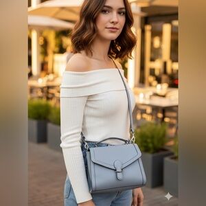 Off-Shoulder Ribbed Top with Blue Handbag